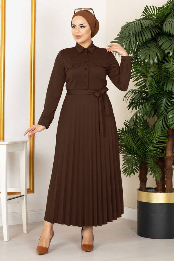 Eteği Piliseli Elbise 100MD21515 Kahve