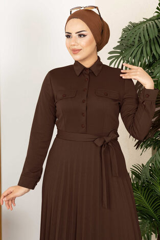 Eteği Piliseli Elbise 100MD21515 Kahve - Thumbnail