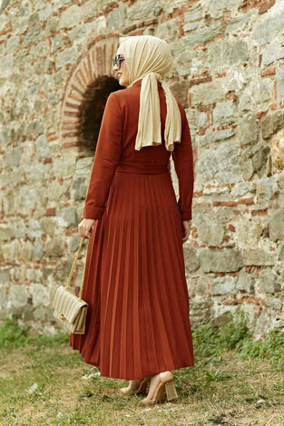 Eteği Piliseli Tesettür Elbise 21515 Kiremit - Thumbnail
