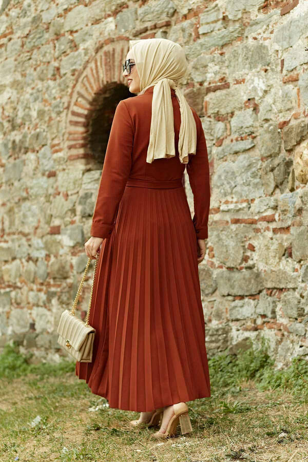 Eteği Piliseli Tesettür Elbise 21515 Kiremit