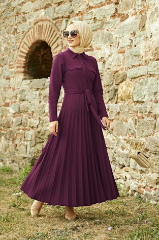 Eteği Piliseli Tesettür Elbise 21515 Mürdüm - Thumbnail