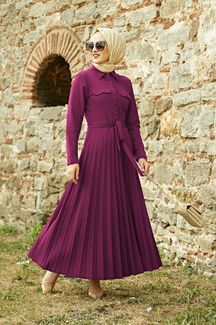 Eteği Piliseli Tesettür Elbise 21515 Şarabi - Thumbnail