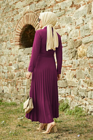 Eteği Piliseli Tesettür Elbise 21515 Şarabi - Thumbnail