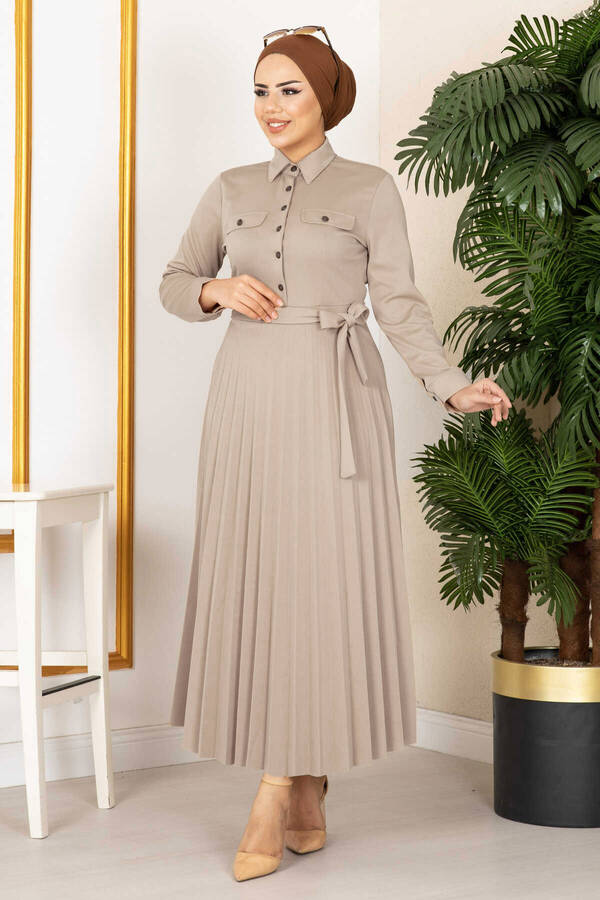 Eteği Piliseli Elbise 100MD21515 Taş