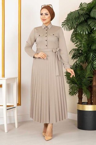 Eteği Piliseli Elbise 100MD21515 Taş - Thumbnail