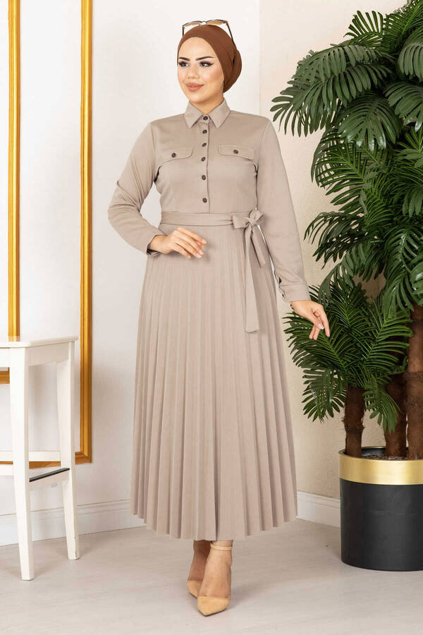 Eteği Piliseli Elbise 100MD21515 Taş