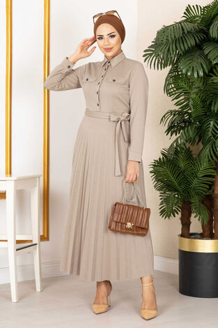 Eteği Piliseli Elbise 100MD21515 Taş - Thumbnail
