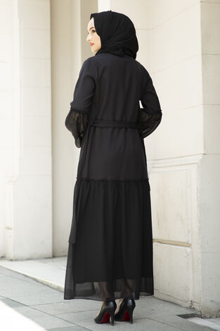 Eteği Şifon Detaylı Abaya Siyah - Thumbnail