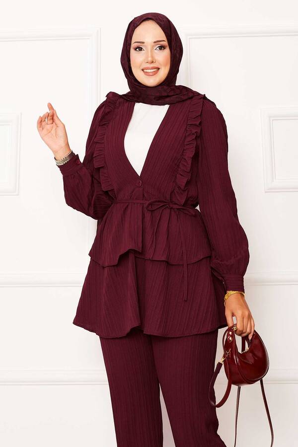 MD - Eteği Volanlı Fırfır Detaylı İkili Takım Bordo (1) MD - Eteği Volanlı Fırfır Detaylı İkili Takım Bordo (1)