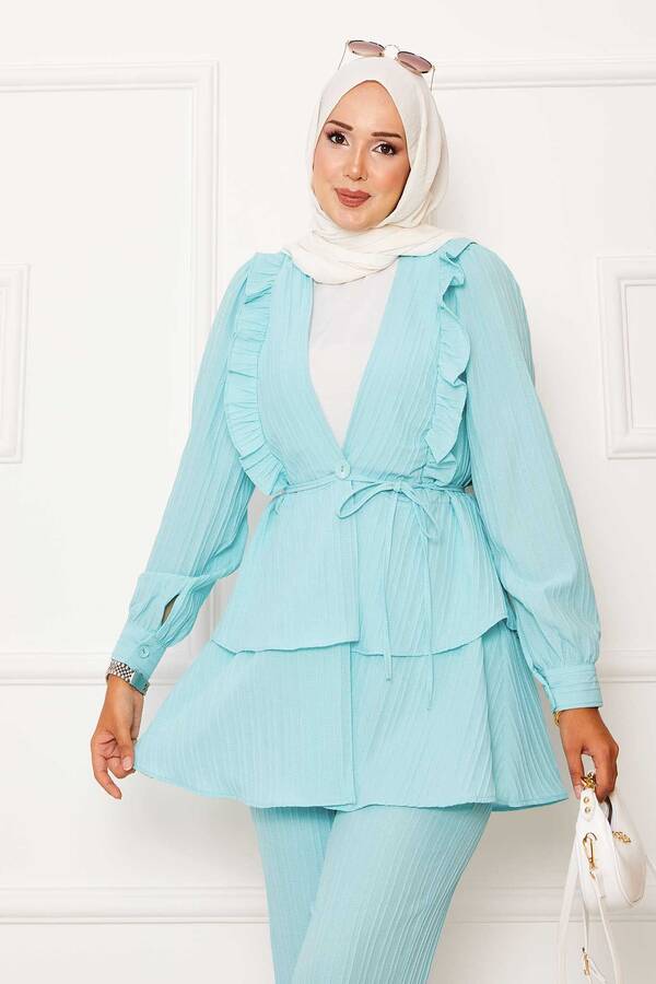 MD - Eteği Volanlı Fırfır Detaylı İkili Takım Su Yeşili (1) MD - Eteği Volanlı Fırfır Detaylı İkili Takım Su Yeşili (1)