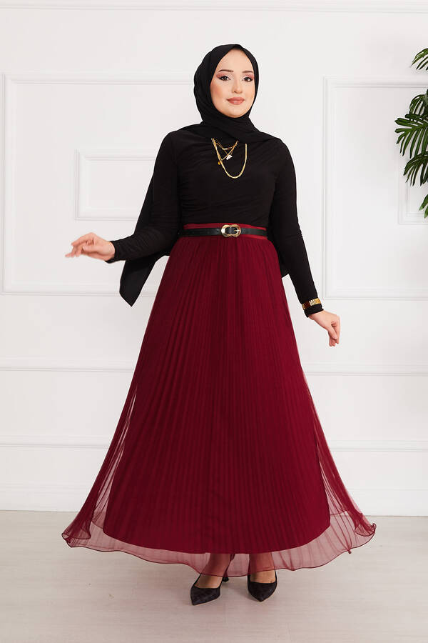 Eteği Volanlı Tesettür Tül Etek Bordo - 3