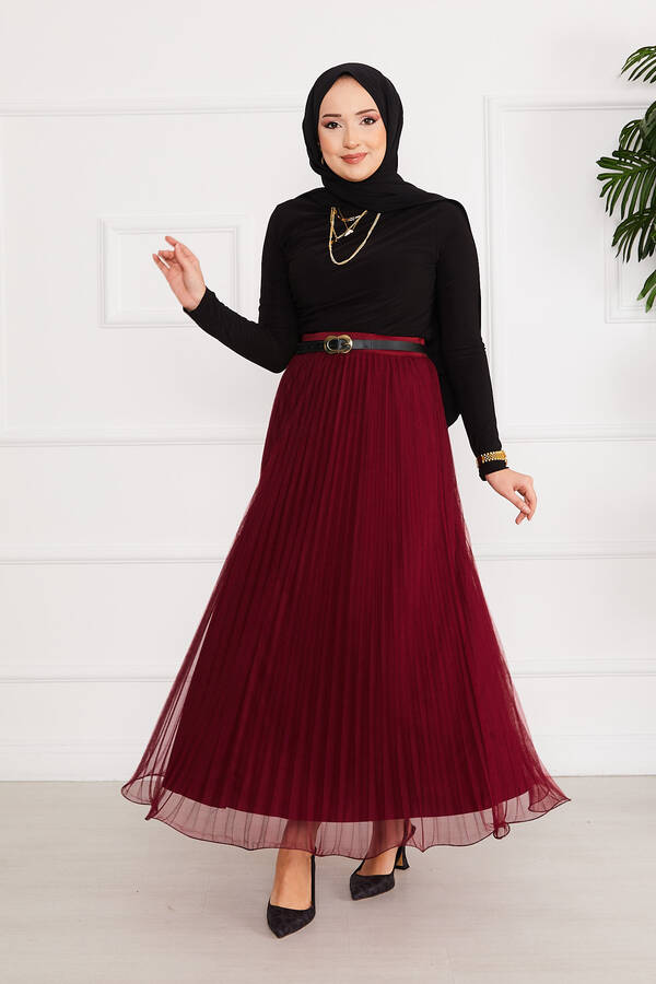 Eteği Volanlı Tesettür Tül Etek Bordo - 4