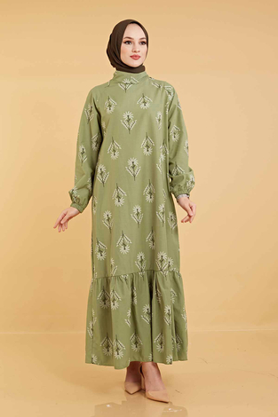 Etek Fırfırlı Baskılı Tesettür Elbise 160SAG3101 Çam Fıstığı - Thumbnail