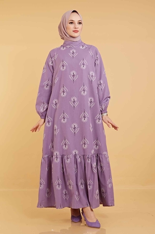 Etek Fırfırlı Baskılı Tesettür Elbise 160SAG3101 Lila - Thumbnail