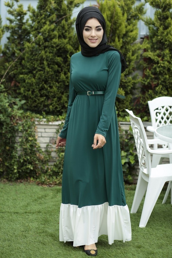 İki Renk Tarz Elbise 5017-1 Z.Yeşili