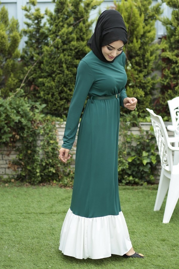 İki Renk Tarz Elbise 5017-1 Z.Yeşili