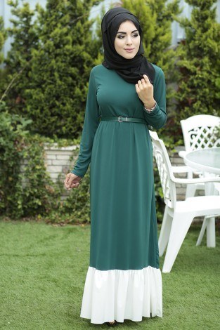 İki Renk Tarz Elbise 5017-1 Z.Yeşili - Thumbnail