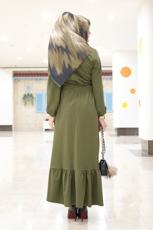 Etekleri Fırfırlı Beli Bağcıklı Elbise 2025-3 Haki - Thumbnail