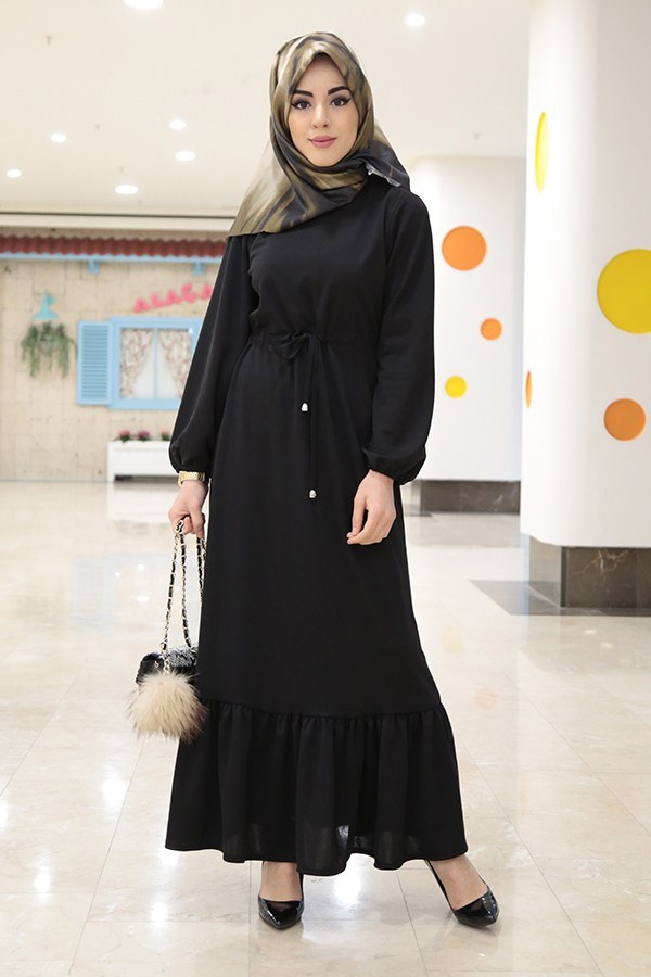 Etekleri Fırfırlı Beli Bağcıklı Elbise 2025-5 Siyah
