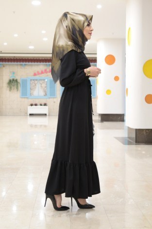 Etekleri Fırfırlı Beli Bağcıklı Elbise 2025-5 Siyah - Thumbnail