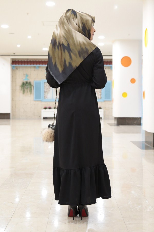 Etekleri Fırfırlı Beli Bağcıklı Elbise 2025-5 Siyah