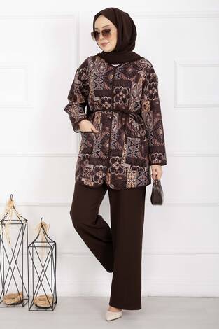 Etnik Desen Biyeli Ceketli Takım Kahve - Thumbnail