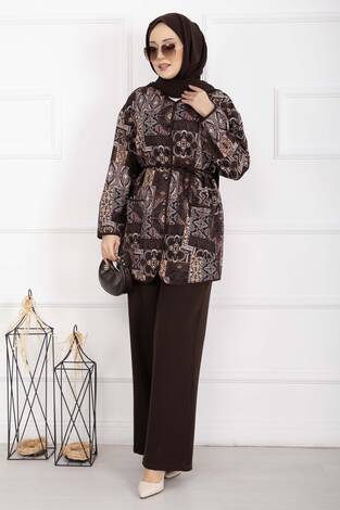 Etnik Desen Biyeli Ceketli Takım Kahve - Thumbnail