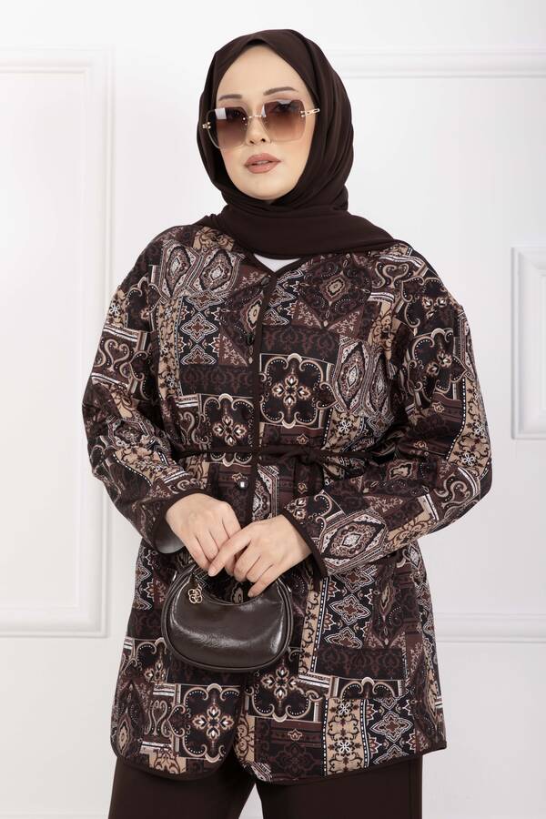 Mat - Etnik Desen Biyeli Ceketli Takım Kahve (1)