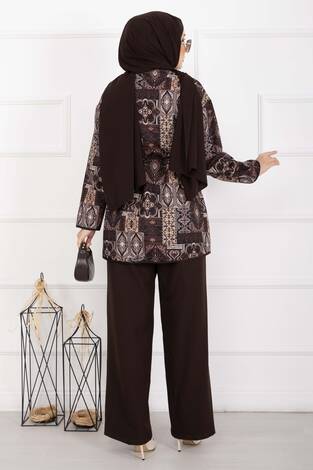 Etnik Desen Biyeli Ceketli Takım Kahve - Thumbnail