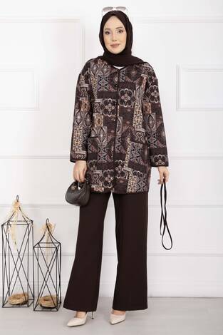 Etnik Desen Biyeli Ceketli Takım Kahve - Thumbnail