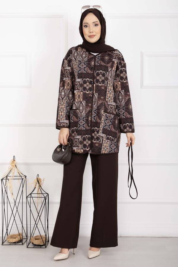 Mat - Etnik Desen Biyeli Ceketli Takım Kahve