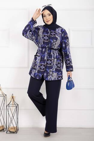 Etnik Desen Biyeli Ceketli Takım Lacivert - Thumbnail