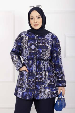 Etnik Desen Biyeli Ceketli Takım Lacivert - Thumbnail