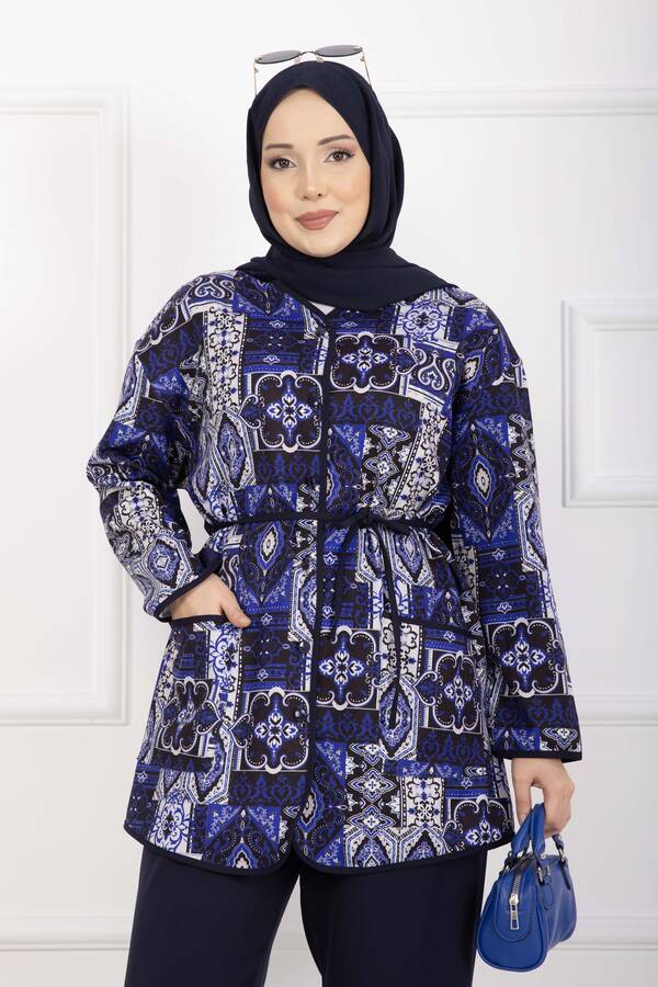 Mat - Etnik Desen Biyeli Ceketli Takım Lacivert (1)