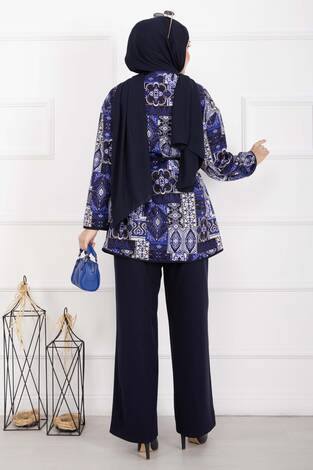 Etnik Desen Biyeli Ceketli Takım Lacivert - Thumbnail
