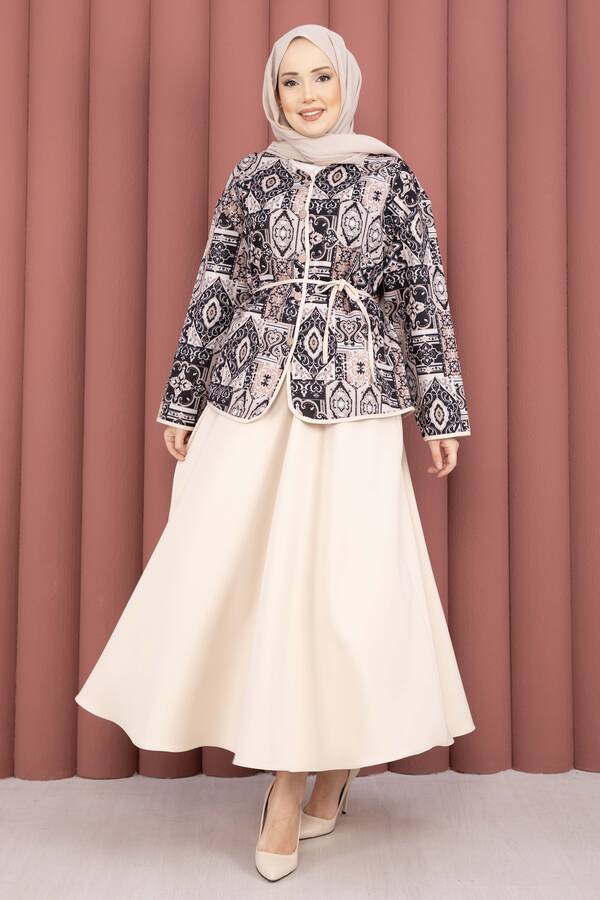 Mat - Etnik Desen Ceket & Etek Takım Bej
