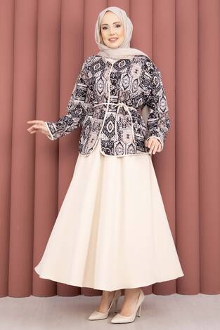 Etnik Desen Ceket & Etek Takım Bej - Thumbnail