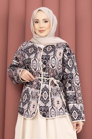 Etnik Desen Ceket & Etek Takım Bej - Thumbnail