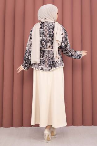 Etnik Desen Ceket & Etek Takım Bej - Thumbnail