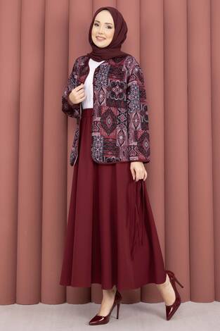 Etnik Desen Ceket & Etek Takım Bordo - Thumbnail