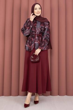 Etnik Desen Ceket & Etek Takım Bordo - Thumbnail