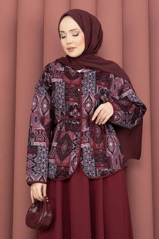 Etnik Desen Ceket & Etek Takım Bordo - Thumbnail