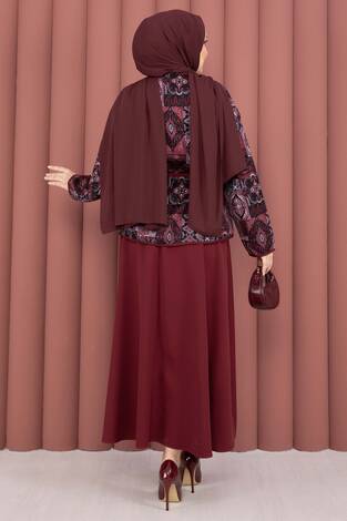 Etnik Desen Ceket & Etek Takım Bordo - Thumbnail