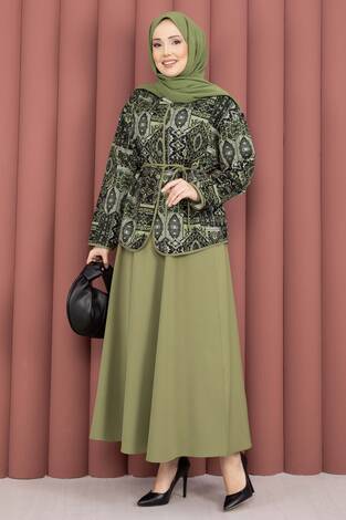 Etnik Desen Ceket & Etek Takım Haki - Thumbnail