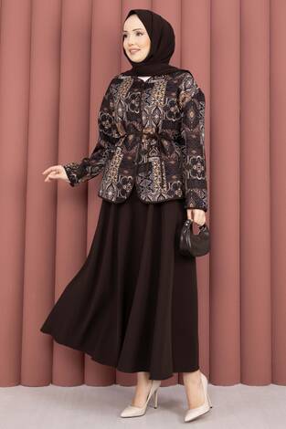 Etnik Desen Ceket & Etek Takım Kahve - Thumbnail