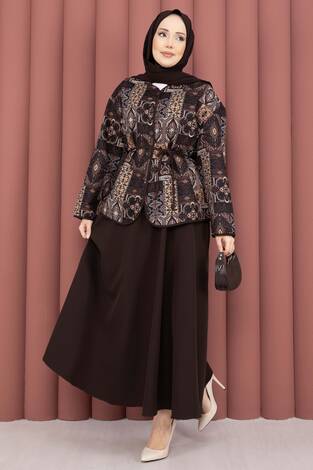 Etnik Desen Ceket & Etek Takım Kahve