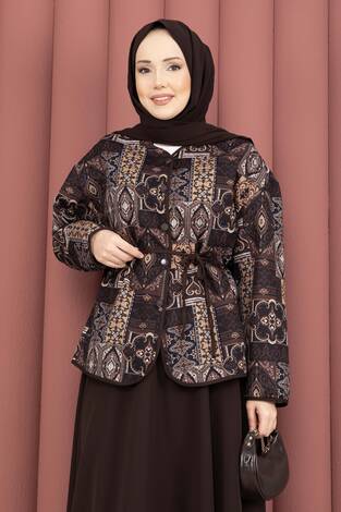 Etnik Desen Ceket & Etek Takım Kahve - Thumbnail