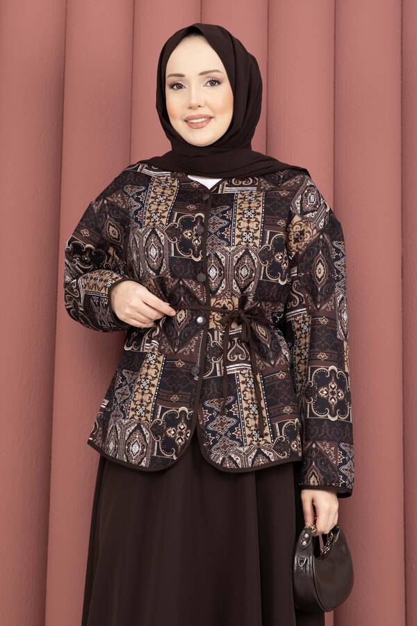 Mat - Etnik Desen Ceket & Etek Takım Kahve (1)