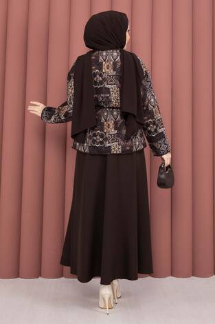 Etnik Desen Ceket & Etek Takım Kahve - Thumbnail