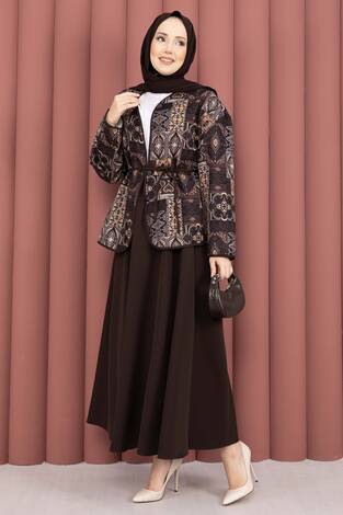 Etnik Desen Ceket & Etek Takım Kahve - Thumbnail